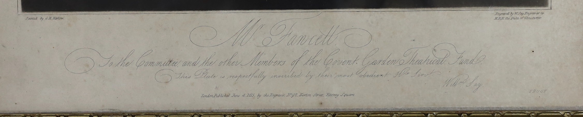 W. Say after G. Harlow, mezzotint, Mr Fawcett, overall 55 x 44.5cm